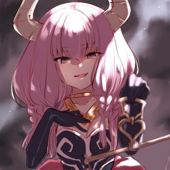 1girl :d aura_(sousou_no_frieren) black_dress black_gloves blue_eyes blurry braid commentary demon_girl demon_horns depth_of_field dress elbow_gloves evil_smile eyes_visible_through_hair fangs gloves gold_necklace hair_between_eyes hands_up highres holding_scale horns jewelry kuroi_mimei multiple_braids necklace open_mouth pink_hair quad_braids shaded_face sidelighting signature smile smoke solo sousou_no_frieren teeth tsurime upper_body upper_teeth_only weighing_scale