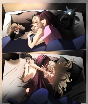 1oofn2 2girls arms_around_neck bed_sheet blonde_hair closed_eyes columbina_(genshin_impact) commentary cuddling english_commentary genshin_impact hand_in_another&#039;s_hair highres long_hair multiple_girls nude pillow pink_shirt sandrone_(genshin_impact) sheet_grab shirt sleeping stuffed_toy under_covers yuri