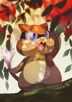 alternate_color animal_focus arm_up berry blue_eyes commentary_request forest full_body gen_5_pokemon looking_ahead nature nintendo no_humans omega_takai open_mouth outdoors patrat pokemon pokemon_(creature) shiny_pokemon solo