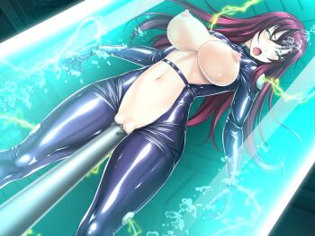 1girl bdsm blush bodysuit bondage bound breasts censored closed_eyes dutch_angle electricity electrocution female_focus forced_orgasm frontless_outfit game_cg green_eyes huge_breasts in_container indoors large_variant_set latex liese_heldebrand long_hair mille_feuille_(company) mosaic_censoring navel nengoku_no_liese nipples non-web_source object_insertion official_art open_bodysuit open_clothes open_mouth pole purple_hair pussy restrained rindou_(radical_dream) sex_machine shiny_clothes skin_tight solo stasis_tank stationary_restraints tube underwater vaginal vaginal_object_insertion variant_set water_tank