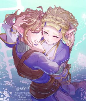 Rule 34 | 1boy, 1girl, arm around waist, black pants, blonde hair, blue eyes, blue shirt, blue tunic, blush, boots, braid, brown boots, chatgris8, commentary, couple, crown braid, earrings, english commentary, gold trim, green eyes, hair ornament, hairclip, hand in another's hair, hand on another's cheek, hand on another's face, hetero, highres, jewelry, juliet sleeves, link, long sleeves, nintendo, one eye closed, pants, parted bangs, pointy ears, ponytail, princess zelda, puffy sleeves, ribbed sweater, ring, shirt, short hair, sidelocks, smile, sweater, the legend of zelda, the legend of zelda: tears of the kingdom, tunic, turtleneck, turtleneck sweater, twintails