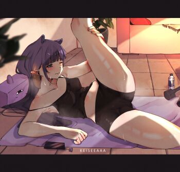 1girl absurdres bike_shorts blue_eyes blunt_bangs breasts charm_(object) dumbbell exercising gradient_hair highres hololive hololive_english keisea long_hair medium_breasts multicolored_hair ninomae_ina'nis orange_hair pointy_ears purple_hair sidelocks smartphone_case stretching takodachi_(ninomae_ina'nis) tentacle_hair very_long_hair virtual_youtuber yoga_mat