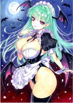 1girl apron black_thighhighs breasts darkstalkers demon_wings full_moon green_hair head_wings highres long_hair maid_headdress marker_(medium) moon morrigan_aensland nanase_aoi pointy_ears red_eyes red_nails smile solo thighhighs traditional_media white_apron wings