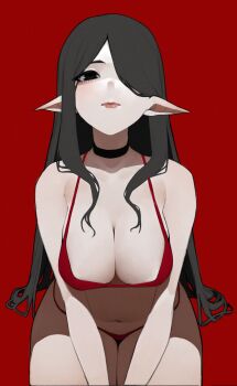 Rule 34 | 1girl, absurdres, anemoneeanemone, bare arms, bare shoulders, bikini, black choker, black eyes, black hair, borrowed character, breasts, choker, cleavage, collarbone, hair over one eye, highres, large breasts, leaning forward, licorice (justadrian), long hair, long pointy ears, looking at viewer, navel, no pupils, one eye covered, original, pale skin, pointy ears, red bikini, red eyes, simple background, solo, swimsuit, very long hair