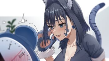 absurdres animal_costume animal_ears animal_hands animal_print asmr blue_eyes blue_hair bow bow_earrings cat_ears chain chain_headband clothing_cutout collared_shirt earrings facial_mark hair_intakes highres hololive hololive_english jellyfish_cut jewelry kemonomimi_mode ouro_kronii shirt tail tiger tiger_costume tiger_ears tiger_girl tiger_paws tiger_print tiger_stripes tiger_tail underboob_cutout virtual_youtuber whispering whispering_in_ear white_fur zenya