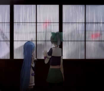 2girls blue_hair bow condensation crop_top elbow_gloves from_behind gloves green_bow green_skirt hair_bow hand_on_window indoors kantai_collection long_hair multiple_girls myuu_(hellomagic) ponytail rain sailor_collar samidare_(kancolle) school_uniform serafuku short_sleeves skirt very_long_hair white_skirt window wristband yuubari_(kancolle)