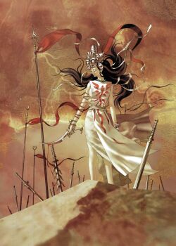 Rule 34 | 1girl, absurdres, black hair, blood, closed eyes, demon (megami tensei), devil summoner (game), devil summoner (series), dress, flagpole, floating hair, highres, inaruna (megami tensei), kazuma kaneko, long hair, looking to the side, official art, outdoors, photoshop (medium), polearm, shin megami tensei, shiraishi megumi (colorist), signature, solo, spear, standing, sword, tabard, third-party source, very long hair, weapon, white dress, wind