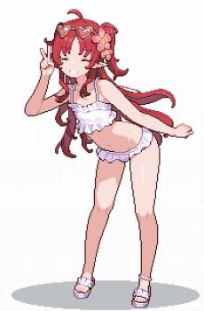 1girl ahoge arknights bikini closed_eyes eyewear_on_head facing_viewer flower frilled_bikini frills gamepix hair_flower hair_ornament hashtag-only_commentary heart heart-shaped_eyewear highres long_hair myrtle_(arknights) myrtle_(summer_flowers)_(arknights) navel official_alternate_costume pixel_art pointy_ears red_hair sandals smile solo stomach swimsuit v white_bikini white_sandals