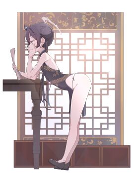 1girl absurdres arched_back ass backless_dress backless_outfit bare_back bare_shoulders bent_over black_dress black_hair black_panties black_shoes blue_archive braid braided_bun breasts butterfly_hair_ornament china_dress chinese_clothes dragon_print dress from_side grey_eyes grey_halo hair_bun hair_ornament halo hand_on_own_face hand_up highres holding holding_paper kisaki_(blue_archive) lattice leaning_forward leaning_on_table loli long_hair mary_janes no_jacket panties paper pelvic_curtain print_dress revealing_clothes s10021 shoes short_dress side-tie_panties side_slit sleeveless sleeveless_dress small_breasts solo standing string_panties striped_clothes striped_panties table thighs turtleneck turtleneck_dress twintails underwear very_long_hair