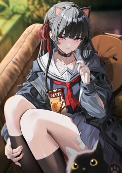 1girl animal_ear_hairband animal_ears arm_cutout black_cat black_choker black_jacket black_serafuku black_shirt black_skirt cat cat_ear_hairband cat_ears chisa_(wuthering_waves) choker clothing_cutout collarbone commentary fake_animal_ears fingernails food hair_ribbon hairband highres hiroki_(hirokiart) holding holding_food holding_pocky indoors jacket long_sleeves mole mole_under_eye neckerchief parted_lips pocky red_eyes red_neckerchief red_ribbon ribbon sailor_collar school_uniform serafuku shirt sitting skirt solo symbol-only_commentary thighs twitter_username white_sailor_collar wuthering_waves