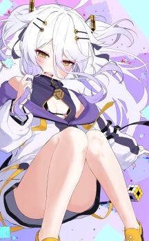 1girl ahoge black_bra blush bocchi_tamago bra breasts cleavage cleavage_cutout clothing_cutout crocs dress hair_ornament hair_ribbon hairpin henya_the_genius henya_the_genius_(1st_costume) highres jacket long_hair looking_at_viewer open_mouth purple_dress purple_jacket purple_ribbon ribbon shoes small_breasts smile solo teeth two_side_up underwear upper_teeth_only very_long_hair virtual_youtuber vshojo white_hair yellow_eyes yellow_shoes