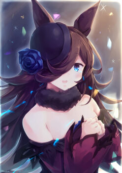 Rule 34 | 1girl, absurdres, animal ears, bare shoulders, blue flower, blue hat, blue rose, blush, breasts, brown hair, commentary request, dress, flipped hair, flower, fur choker, hair over one eye, hat, hat flower, highres, horse ears, horse girl, kanzakietc, long hair, long sleeves, looking at viewer, off-shoulder dress, off shoulder, open mouth, purple eyes, rice shower (rosy dreams) (umamusume), rice shower (umamusume), rose, small breasts, smile, solo, tilted headwear, umamusume, upper body