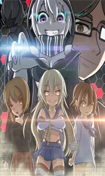 Rule 34 | 10s, 1boy, abyssal ship, black hair, black panties, blonde hair, breasts, brown hair, cleavage, colored skin, crop top, elbow gloves, girls und panzer, glasses, gloves, glowing, glowing eyes, highleg, highleg panties, highres, hood, hooded jacket, hoodie, jacket, kantai collection, kuromorimine military uniform, long hair, midriff, miniskirt, miyafuji yoshika, multiple girls, neuroi girl, nishizumi miho, o-ring, o-ring top, pale skin, panties, purple eyes, re-class battleship, remy (s remy), school uniform, serafuku, shimakaze (kancolle), skirt, strike witches, striped clothes, striped legwear, striped thighhighs, swimsuit, swimsuit under clothes, thighhighs, tsuji renta, underwear, white gloves, white skin, world witches series