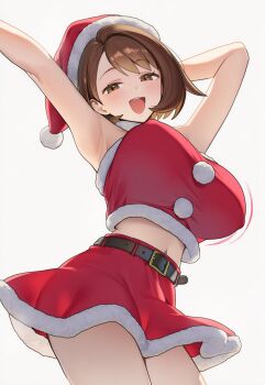 1girl alternate_costume brown_hair christmas fur-trimmed_skirt fur-trimmed_tube_top fur_trim gloria_(pokemon) hat highres looking_at_viewer nintendo open_mouth pokemon red_skirt red_tube_top santa_hat simple_background skirt smile solo strapless thighs tube_top ueponzu