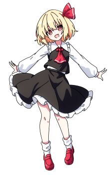 1girl a-pose absurdres black_skirt black_vest blonde_hair commentary_request fang frilled_skirt frills full_body highres long_sleeves looking_at_viewer open_mouth pioartstuff puffy_long_sleeves puffy_sleeves red_eyes red_shoes rumia shoes short_hair simple_background skin_fang skirt smile socks solo touhou transparent_background vest white_socks