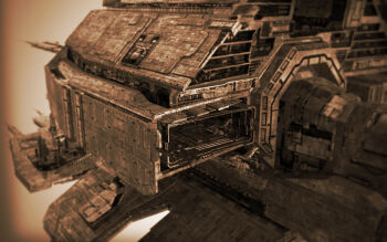 3d blurry_edges brown_theme building caldari_state_(eve_online) commentary english_commentary eve_online hangar highres monochrome no_humans outdoors realistic scenery science_fiction space space_station vankaiser vignetting