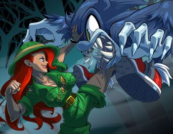 1boy 1girl adventures_of_sonic_the_hedgehog alternate_costume animal_print battle belt breasts claws clenched_hand cuts dark_skin eric_toner eyeshadow freckles green_eyes grin hair_over_one_eye hat incoming_attack incoming_punch injury jacket katella_the_huntress kicking large_breasts leopard_print lipstick long_hair makeup punching red_hair pith_helmet safari_jacket sega sharp_teeth shorts smile sonic_(series) sonic_the_hedgehog sonic_the_werehog sonic_unleashed teeth torn_clothes werehog