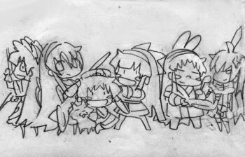 6+girls ainu_clothes closed_eyes dot_eyes fingerless_gloves gloves gun hair_ribbon highres legs long_hair looking_at_viewer monochrome multiple_girls nakoruru nomeno_mizuha open_mouth original pantyhose ribbon rimururu samurai_spirits short_hair siblings sisters sketch smile snk the_king_of_fighters thighs tongue traditional_media weapon wolf