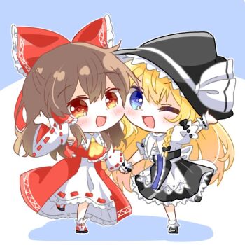 Rule 34 | 2girls, ascot, black bow, black hat, blonde hair, blush, bow, braid, brown eyes, brown hair, cheek-to-cheek, chibi, chibi only, commentary, curiosities of lotus asia, detached sleeves, frilled bow, frilled hair tubes, frills, full body, hair bow, hair tubes, hakurei reimu, hat, hat bow, heads together, holding hands, kirisame marisa, leg up, long hair, looking at viewer, multiple girls, official alternate costume, one eye closed, open mouth, red bow, red skirt, ribbon-trimmed sleeves, ribbon trim, side braid, single braid, skirt, standing, standing on one leg, touhou, untranslatable commentary, very long hair, wakana1327, witch hat, wrist cuffs, yellow ascot