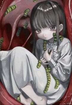 1girl aegyo_sal brown_eyes brown_hair caterpillar commentary_request dress expressionless eyelashes gown highres long_hair looking_at_viewer monou_pico original solo twitter_username white_dress