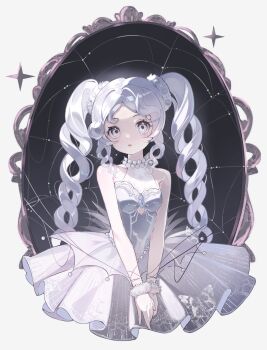 1girl :o absurdres ballerina bare_shoulders bead_choker beads black_background border chinese_commentary coat commentary_request cropped_legs dancing_pearl_(infinity_nikki) dress drill_hair expressionless eyelashes fur_wrist_cuffs grey_border grey_dress hair_beads hair_ornament hair_scrunchie highres infinity_nikki light_blush long_hair looking_at_viewer nikki_(series) open_mouth outside_border picture_frame pleated_dress round_border scrunchie short_dress sidelocks silk solo sparkle spider_web string striped_clothes striped_dress tareme tutu twintails vertical-striped_clothes vertical-striped_dress very_long_hair white_coat white_eyes white_hair white_scrunchie white_wrist_cuffs wrist_cuffs yutoutoutoutoutou