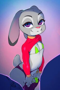 1girl animal_ears bikini breasts doxy female_focus furry furry_female judy_hopps purple_eyes rabbit_ears rabbit_tail small_breasts smile solo swimsuit tail zootopia