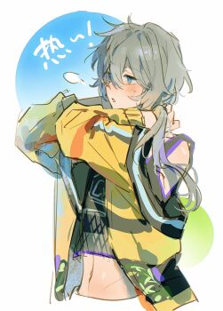 1boy arms_up blue_eyes blush chinese_commentary commentary_request crop_top cropped_torso ensemble_stars! fishnet_top fishnets grey_hair hair_between_eyes highres holding holding_own_hair hot_limit_(ensemble_stars!) jacket jacket_partially_removed long_hair long_sleeves male_focus midriff navel shiina_niki solo woshiningmengjing913 yellow_jacket