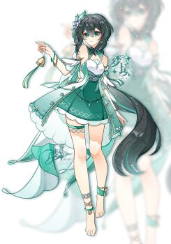 1girl absurdres anklet bare_shoulders barefoot bell black_hair braid braided_bangs chinese_clothes chinese_commentary chinese_text closed_mouth commentary_request dress english_text flower full_body green_eyes green_hair hair_ornament highres jewelry long_hair looking_at_viewer mixed-language_text multicolored_hair original sisan_eryi smile solo streaked_hair symbol-shaped_pupils watermark x-shaped_pupils