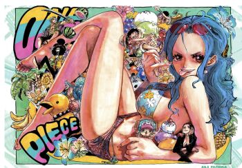 bikini cover cover_page giant giantess highres monkey_d._luffy nefertari_vivi oda_eiichirou_(style) one_piece roronoa_zoro sanji_(one_piece) swimsuit third-party_edit