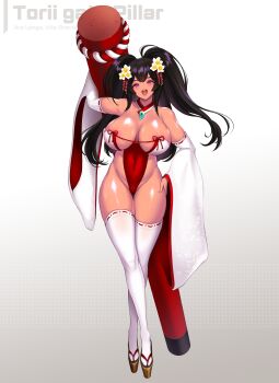 1girl :d absurdres areola_slip arm_up bare_shoulders black_hair blush breasts cameltoe cleavage collarbone commentary_request covered_navel dark-skinned_female dark_skin detached_collar detached_sleeves english_text eyelashes eyeshadow floral_print flower full_body geta gradient_background grey_background groin hair_flower hair_ornament hand_on_own_hip highleg highleg_leotard highres holding kanzashi large_breasts leotard long_hair long_sleeves looking_at_viewer makeup okobo open_mouth original pillar platform_sandals purple_eyes red_eyeshadow red_ribbon revealing_clothes ribbon ribbon-trimmed_legwear ribbon_trim rope sandals shimenawa shiny_skin sidelocks simple_background skindentation smile solo standing strapless strapless_leotard teeth thighhighs thighs torii trhisell two_side_up upper_teeth_only white_background white_flower white_sleeves white_thighhighs wide_sleeves