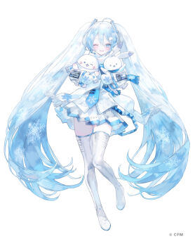 >_o 1girl absurdly_long_hair ahoge aqua_eyes aqua_hair blue_hair blue_necktie blue_trim blush boots breasts commentary_request detached_sleeves full_body gradient_hair grey_skirt hair_between_eyes hair_ornament hatsune_miku headphones headset hug hug_from_behind long_hair long_sleeves looking_at_viewer mittens multicolored_hair necktie one_eye_closed onineko pleated_skirt rabbit_yukine scarf shiny_clothes shirt simple_background skirt sleeveless sleeveless_shirt snowflake_print snowflakes solo standing thigh_boots thighhighs tie_clip twintails very_long_hair vocaloid white_background white_mittens white_rabbit_(animal) white_scarf wide_sleeves yuki_miku yuki_miku_(2011) zettai_ryouiki