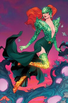 1girl armor boots branch breasts cleavage comic_cover commentary diamond-shaped_earrings dress english_commentary floating_hair formal_clothes gradient_background gradient_clothes gradient_dress gradient_shoes green_boots green_dress green_eyes green_shoes hat hellfire_gala high_heel_boots high_heels highres jean_grey long_hair looking_at_viewer marvel medium_breasts official_alternate_costume official_art orange_boots orange_shoes parted_lips pauldrons phoenix_(x-men) pink_background plunging_neckline purple_background red_hair red_lips russell_dauterman shoes shoulder_armor solo sparkle spiked_pauldrons spikes textless_version thigh_boots western_comics_(style) x-men