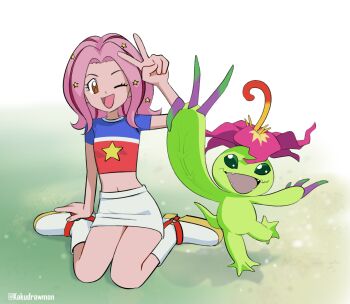Rule 34 | 2girls, digimon, digimon (creature), digimon adventure 02, flower, highres, kakudrawmon, multiple girls, one eye closed, palmon, petals, pink hair, sharp teeth, star (symbol), tachikawa mimi, tail, teeth, v, wink