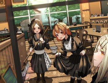 3girls ahoge black_dress blush brown_hair cafe coffee_pot curtsey dress gakuen_idolmaster hair_bun hanami_ume highres holding holding_mop idolmaster juliet_sleeves kuramoto_china light_brown_hair long_sleeves looking_at_viewer mop multiple_girls niwatoko_towani orange_hair parted_bangs puffy_sleeves shinosawa_hiro single_side_bun smile wooden_floor