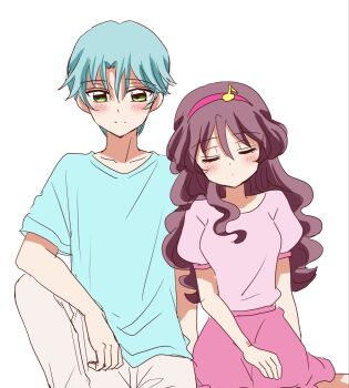 aged_down bare_arms biwako_(biwa27) blush brown_hair closed_eyes collarbone couple curly_hair denim fortissimo green_eyes green_hair hair_between_eyes hair_ornament hand_on_own_knee headband hibiki_kaito highres jeans kimi_to_idol_precure leaning leaning_on_person leaning_to_the_side long_hair looking_down musical_note musical_note_hair_ornament neck pants parted_bangs pink_shirt pink_skirt precure puffy_sleeves sakura_uta_(precure) shirt short_sleeves skirt sleeping summer very_long_hair white_background