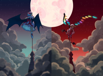 2girls ascot back_bow bat_wings blonde_hair blue_hair bow closed_eyes closed_mouth cloud commentary_request crystal crystal_wings doggo_1d34 facing_viewer flandre_scarlet full_body full_moon hand_on_own_cheek hand_on_own_face hat hat_ribbon highres holding holding_weapon looking_at_viewer looking_back mary_janes mob_cap moon multicolored_wings multiple_girls night one_side_up outstretched_arms pink_hat pink_shirt pink_skirt puffy_short_sleeves puffy_sleeves red_bow red_eyes red_moon red_shoes red_skirt red_sky red_vest remilia_scarlet ribbon shirt shoes short_hair short_sleeves siblings sisters skirt skirt_set sky socks split_theme spread_arms standing star_(sky) tiptoes touhou vest weapon white_hat white_shirt white_socks wings wrist_cuffs yellow_ascot