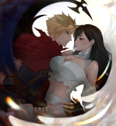 Rule 34 | 1boy, 1girl, absurdres, angel wings, azezazel, bare shoulders, black hair, black wings, blonde hair, blue eyes, breasts, chest guard, claws, cleavage, cloak, cloud strife, commentary, couple, cowboy shot, crop top, demon wings, earrings, english commentary, feather earrings, feathered wings, feathers, final fantasy, final fantasy vii, final fantasy vii ever crisis, fingerless gloves, frilled shirt, frills, from side, gloves, hand on another&#039;s thigh, hand on own hip, highres, jewelry, kingdom hearts, knee up, large breasts, long hair, looking at another, midriff, navel, off-shoulder shirt, off shoulder, official alternate costume, parted lips, profile, red cloak, red eyes, shirt, signature, single earring, single wing, skirt, smile, spiked hair, thighhighs, tifa lockhart, tifa lockhart (feather style), upper body, white feathers, white shirt, white skirt, white thighhighs, white wings, wings