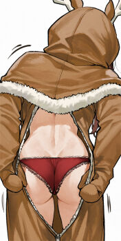 1girl animal_costume animal_ears animal_hood antlers ass ass_focus back brown_hair commentary deer_antlers deer_ears dressing facing_away fate/stay_night fate_(series) from_behind highres hood horns kamisato_sora onesie panties red_panties reindeer_costume reindeer_hood solo tohsaka_rin underwear wardrobe_malfunction