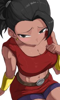 1girl absurdres belt bike_shorts black_eyes black_hair blush bracer breasts cleavage cowboy_shot crop_top cropped_shirt dark-skinned_female dark_skin dragon_ball dragon_ball_super earrings from_above hand_on_own_chest highres jewelry kale_(dragon_ball) looking_at_viewer medium_breasts midriff navel no_mouth ponytail sitting skirt takundraws thick_thighs thighs white_background