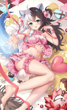 1girl absurdres ahoge animal_ears artist_request bare_legs bare_shoulders barefoot black_hair bow bowtie breasts center_opening crop_top eatchel_gustav frilled_shirt frilled_skirt frilled_thigh_strap frills green_eyes highres long_hair looking_at_viewer lying medium_breasts midriff miniskirt multicolored_hair navel official_art on_back open_mouth outstretched_arm pink_shirt pink_skirt shirt skirt sleeveless sleeveless_shirt smile snowbreak:_containment_zone solo split-color_hair stomach tail thigh_strap thighs two-tone_hair white_hair wrist_cuffs