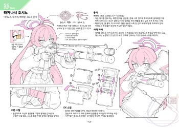 1girl absurdres ahoge beretta_1301 blue_archive commentary flukhan gun hair_between_eyes halo highres holding holding_gun holding_shield holding_weapon hoshino_(blue_archive) huge_ahoge information_sheet korean_text long_hair long_sleeves pink_hair pink_halo shield simple_background solo spot_color translation_request watermark weapon weapon_focus white_background