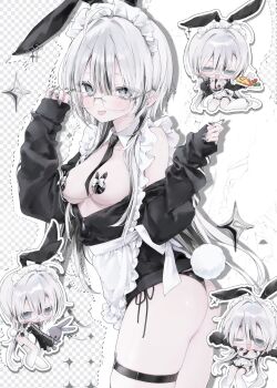 1girl :p ;d adjusting_eyewear ahoge animal_ears apron ass bare_shoulders bikini bikini_bottom_only black_bikini black_jacket black_necktie black_ribbon breasts checkered_background chibi commentary_request detached_collar fake_animal_ears fake_tail fingernails food glasses grey_eyes grey_nails highres holding holding_plate holding_spoon jacket linked_pasties long_fingernails long_hair long_sleeves maid_headdress mashiro_shiki medium_breasts multiple_views nail_polish necktie no_bra no_pants omelet omurice one_eye_closed open_clothes open_jacket open_mouth original partially_unzipped plate rabbit_ears rabbit_pasties rabbit_tail ribbon rimless_eyewear side-tie_bikini_bottom sitting skindentation sleeves_past_wrists smile sparkle spoon stuffed_animal stuffed_rabbit stuffed_toy swimsuit tail thigh_strap thighhighs tongue tongue_out v-shaped_eyebrows very_long_hair white_apron white_hair white_thighhighs