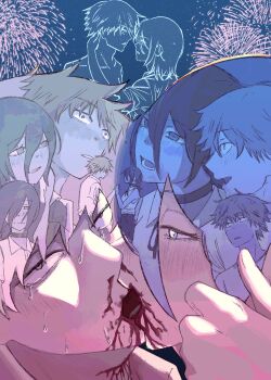 1boy 1girl aerial_fireworks blood blue_hair chainsaw_man crying crying_with_eyes_open denji_(chainsaw_man) fireworks grey_eyes grey_hair hetero highres kiss light_blush reze_(chainsaw_man) rinneko_art tears