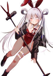 Rule 34 | 1girl, ahoge, animal ears, black footwear, black jacket, boots, bow, braid, breasts, detached collar, evil smile, fake animal ears, fishnet pantyhose, fishnets, from above, hair between eyes, hair bow, hair rings, highres, holding, holding microphone stand, hoshi syoko, idolmaster, idolmaster cinderella girls, jacket, jacket partially removed, kobara suita, leotard, long hair, microphone stand, one eye closed, open clothes, open jacket, pantyhose, playboy bunny, rabbit ears, red bow, side braid, sleeves past wrists, small breasts, smile, solo, swept bangs, thigh strap, twintails, white eyes, white hair
