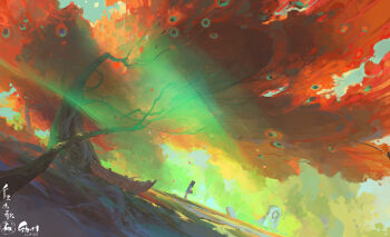 Rule 34 | 1girl, autumn leaves, blue shirt, blue sky, boat, branch, clear sky, dappled sunlight, elf, highres, leaf, long pointy ears, original, peacock print, pointy ears, scenery, shirt, sky, solo, sunlight, tree, tree roots, tree shade, under tree, water, watercraft, wenjun lin, wooden boat