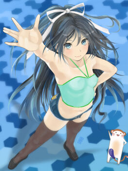 10s 1girl artist_self-insert bare_shoulders black_hair blue_eyes breasts cloritin cosplay denim denim_shorts from_above ganaha_hibiki ganaha_hibiki_(cosplay) hair_ribbon hand_on_own_hip highres idolmaster idolmaster_(classic) kantai_collection katsuragi_(kancolle) long_hair look-alike looking_at_viewer looking_up messy_hair midriff navel ponytail ribbon see-through_clothes short_shorts shorts small_breasts smile thighhighs