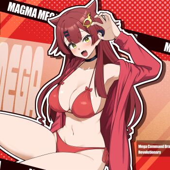 1girl absurdres bikini black_bow black_choker bow breasts brown_hair character_name choker cleavage coat dragon_musume_ni_naritakunai! duel_masters english_text fang hair_bow hair_ornament highres large_breasts long_hair looking_at_viewer maguma_mega open_clothes open_coat open_mouth paw_pose red_bikini red_coat solo swimsuit toriyarou yellow_eyes