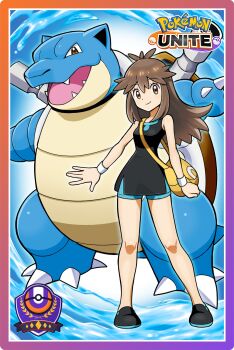 1girl ahoge aqua_shorts arms_at_sides bag bare_shoulders black_shirt black_shoes blastoise breasts brown_eyes brown_hair child clenched_hand colored_shoe_soles eyelashes female_focus full_body gen_1_pokemon green_(pokemon) hair_flaps happy highres knees legs long_hair looking_at_viewer matching_hair/eyes nintendo no_socks official_art outstretched_arm pokemon pokemon_(creature) pokemon_lgpe pokemon_unite shirt shoes short_shorts shorts sidelocks size_difference sleeveless sleeveless_shirt small_breasts smile sneakers standing thighs water wristband