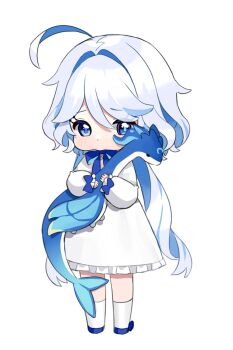1girl ahoge animal animal_hug blue_eyes blue_ribbon blue_shoes blush chibi colored_inner_hair dress full_body furina_(genshin_impact) genshin_impact hair_intakes heterochromia highres highs holding holding_animal knees long_hair long_sleeves looking_at_viewer low_twintails miyako_draw multicolored_hair neck_ribbon petticoat ribbon shoes sidelocks simple_background socks solo streaked_hair twintails white_background white_dress white_hair white_socks