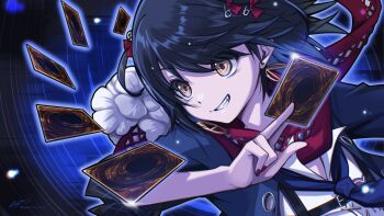 1boy apurun_run black_jacket card fang hair_ornament hairpin highres holding holding_card jacket looking_at_viewer mashiro_meme mashiro_meme_(1st_costume) nail_polish nijisanji red_nails red_scarf scarf shirt solo trading_card trap virtual_youtuber white_shirt yellow_eyes yu-gi-oh!